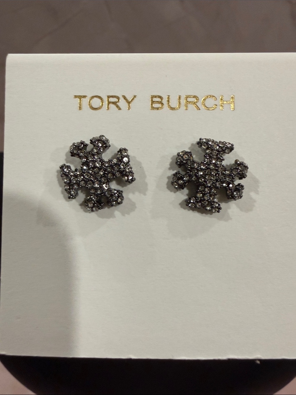 Tory Burch | Gunmetal Crystal Logo Stud Earrings | Small